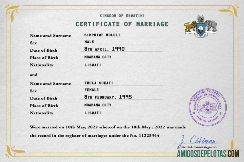 Imprimível modelo PSD de certidão de casamento de Eswatini